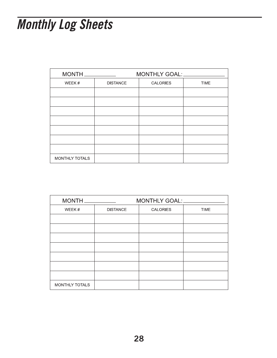 Monthly log sheets | Horizon Fitness CLUB SERIES CST3 User Manual | Page 28 / 30