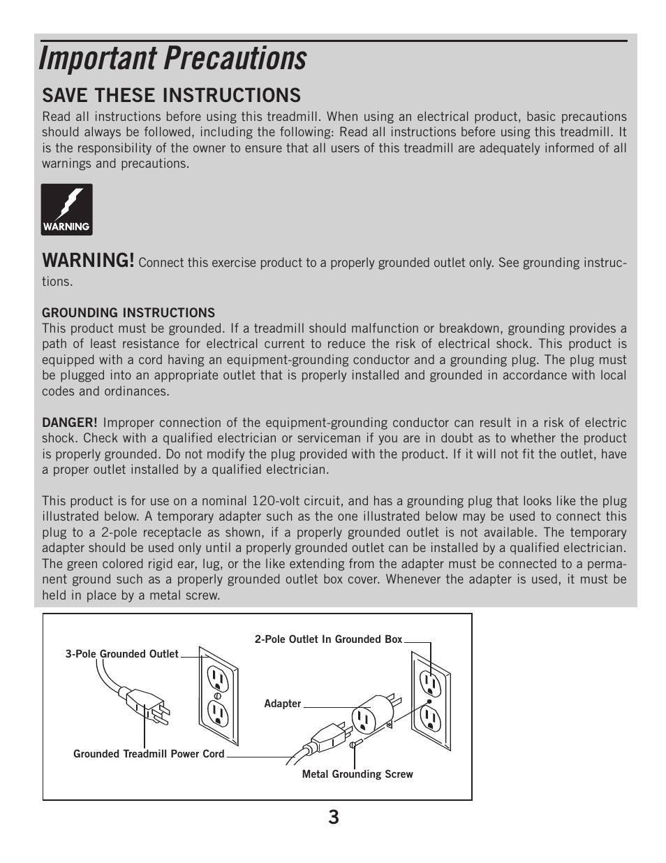 Important precautions, 3save these instructions, Warning | Horizon Fitness CLUB SERIES CST3 User Manual | Page 3 / 30