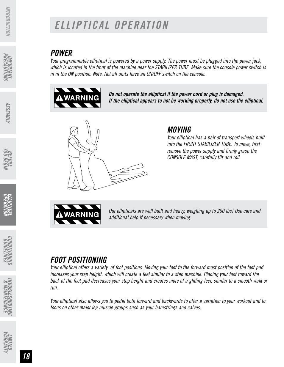 Elliptical operation, Power, Moving | Foot positioning | Horizon Fitness EX-55 User Manual | Page 18 / 40