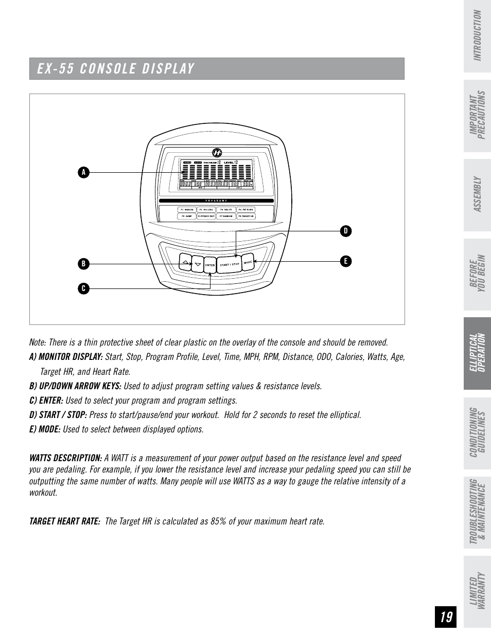 Ex-55 console display | Horizon Fitness EX-55 User Manual | Page 19 / 40