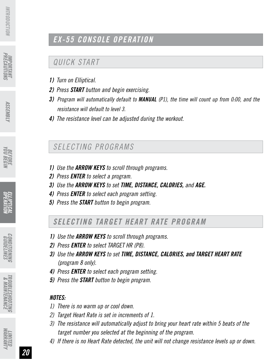 Ex-55 console operation, Quick start selecting programs, Selecting target heart rate program | Horizon Fitness EX-55 User Manual | Page 20 / 40