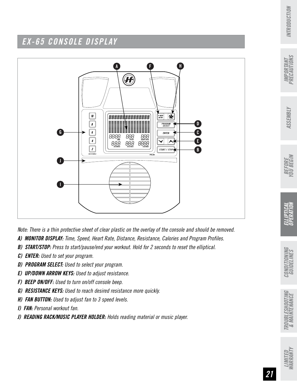 Ex-65 console display | Horizon Fitness EX-55 User Manual | Page 21 / 40