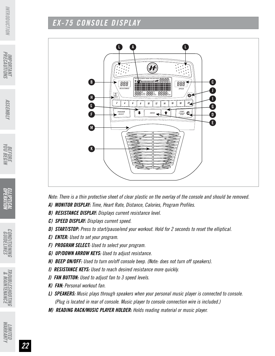 Ex-75 console display, Before you begin | Horizon Fitness EX-55 User Manual | Page 22 / 40