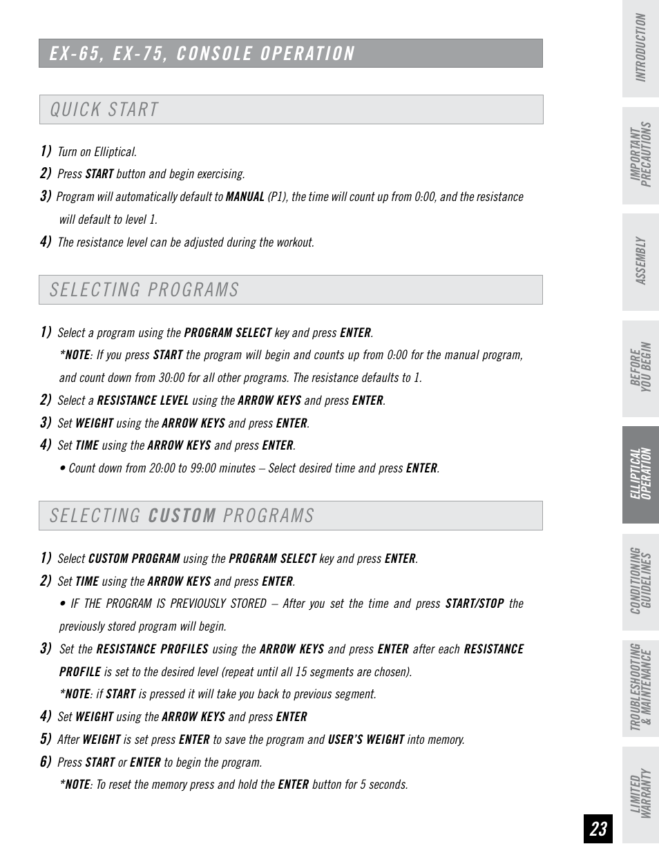 Ex-65, ex-75, console operation | Horizon Fitness EX-55 User Manual | Page 23 / 40