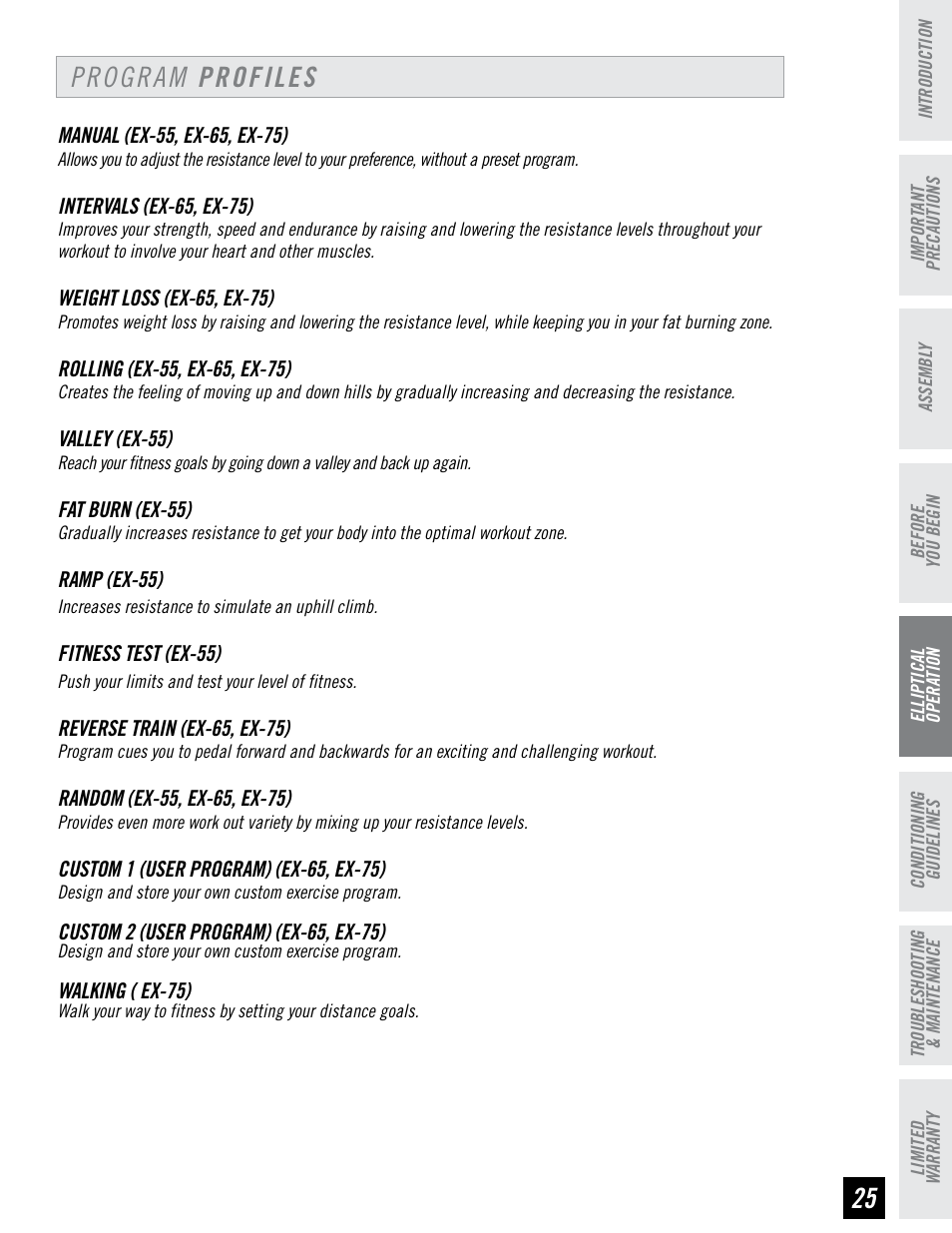 Program profiles | Horizon Fitness EX-55 User Manual | Page 25 / 40