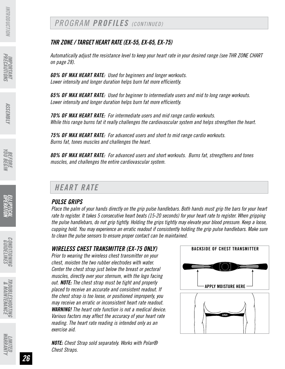 Heart rate, Program profiles | Horizon Fitness EX-55 User Manual | Page 26 / 40