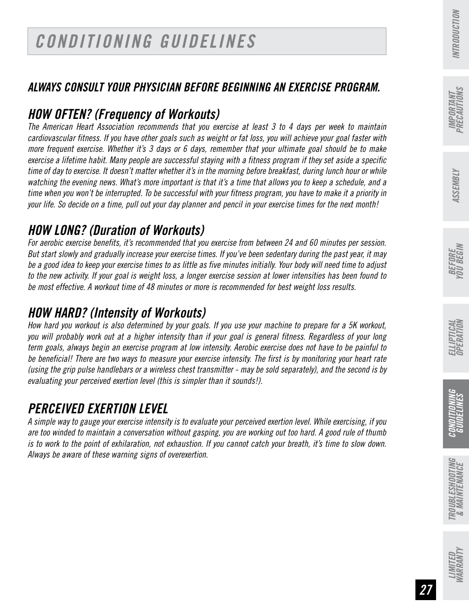 Conditioning guidelines, How often? (frequency of workouts), How long? (duration of workouts) | How hard? (intensity of workouts), Perceived exertion level | Horizon Fitness EX-55 User Manual | Page 27 / 40