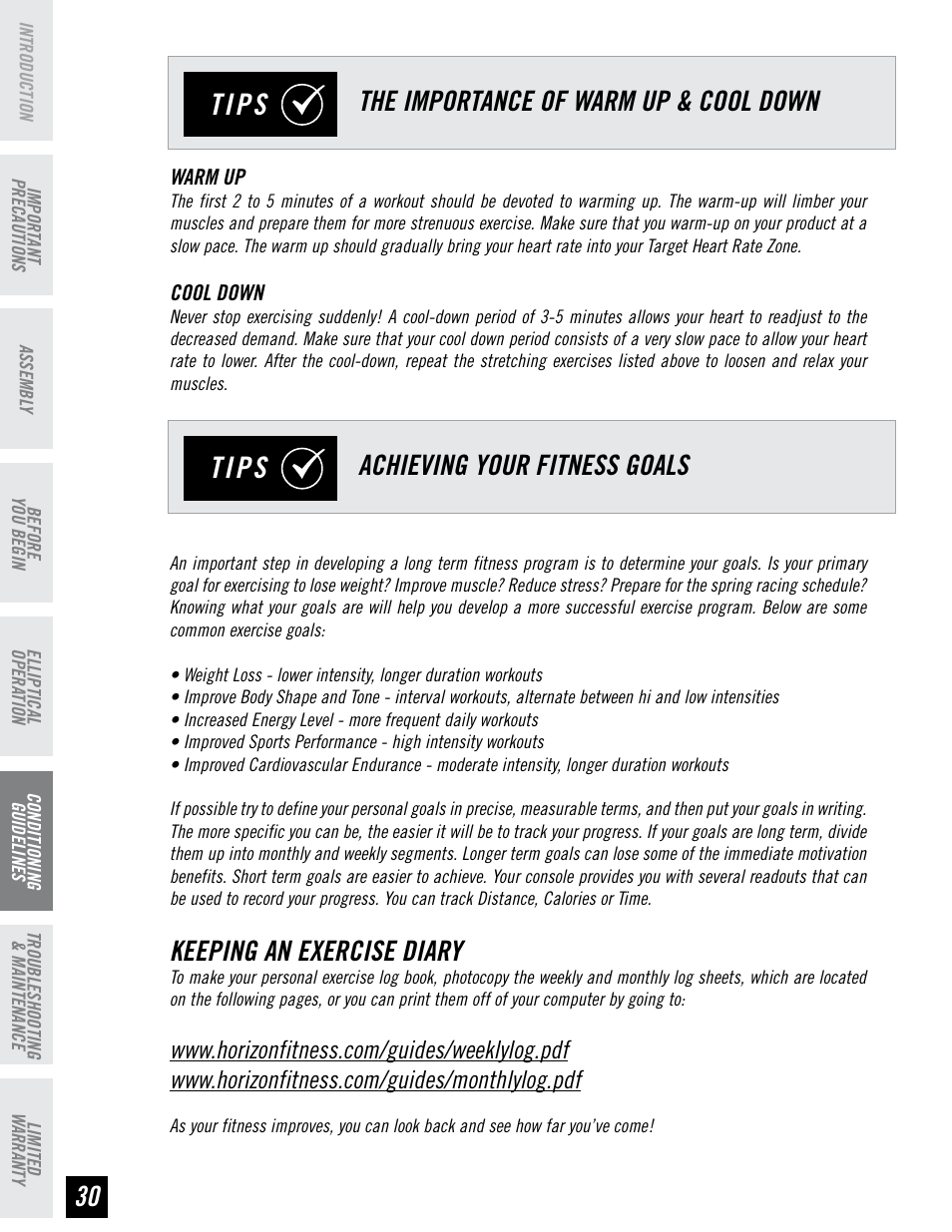 Tips, Keeping an exercise diary | Horizon Fitness EX-55 User Manual | Page 30 / 40