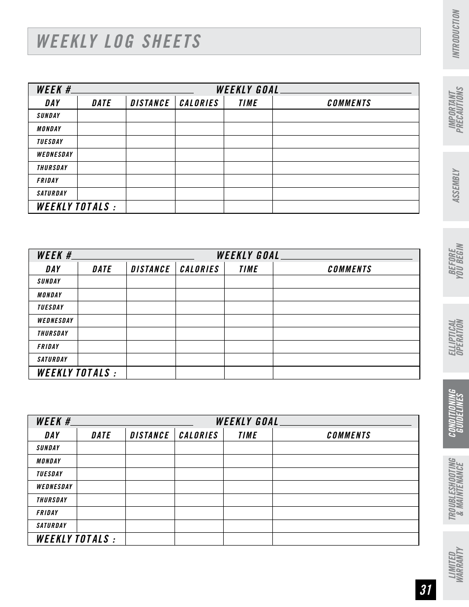 Weekly log sheets | Horizon Fitness EX-55 User Manual | Page 31 / 40