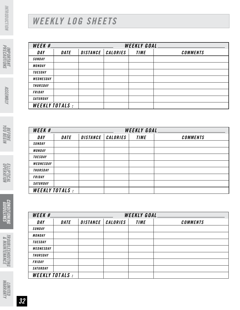 Weekly log sheets | Horizon Fitness EX-55 User Manual | Page 32 / 40