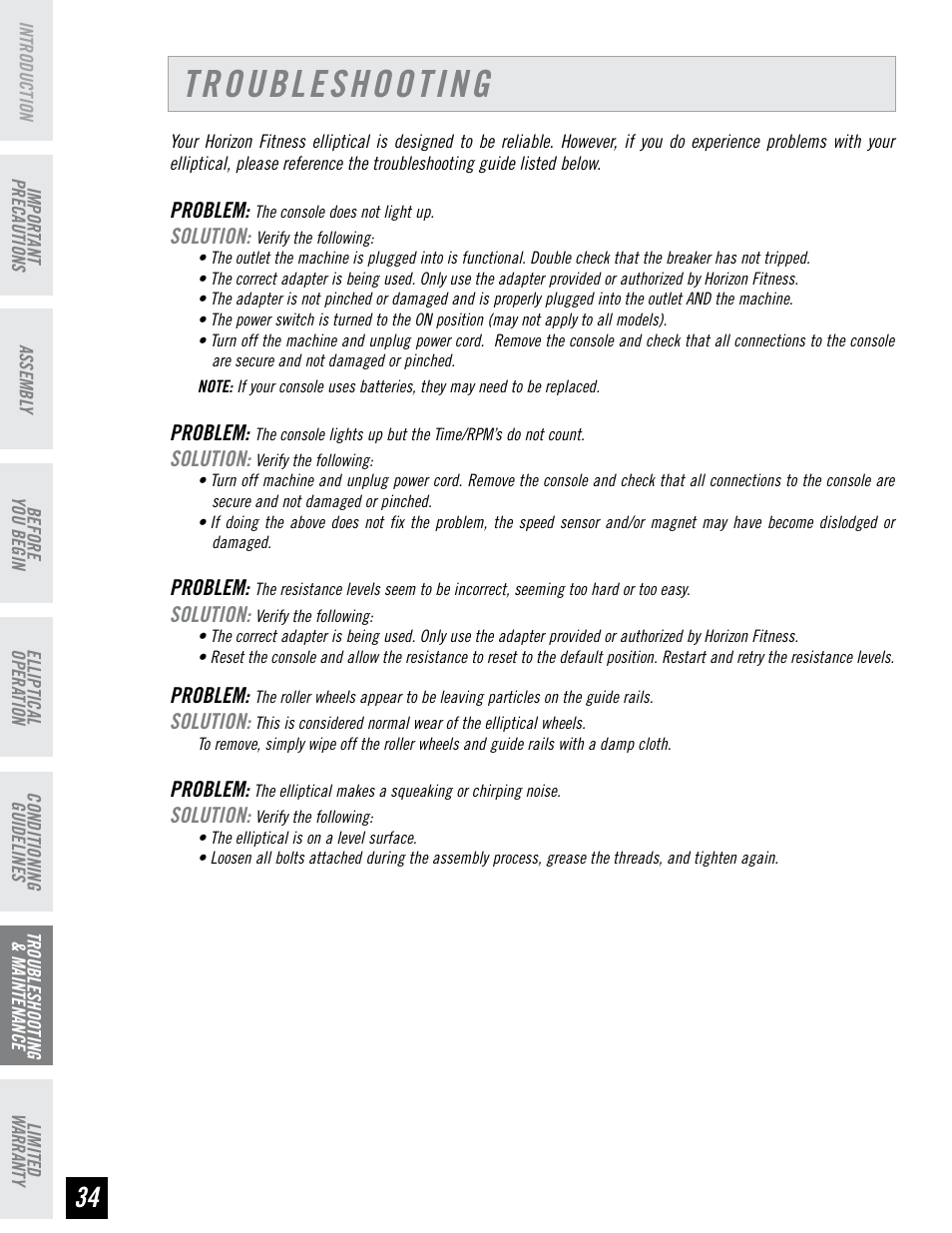 Troubleshooting | Horizon Fitness EX-55 User Manual | Page 34 / 40