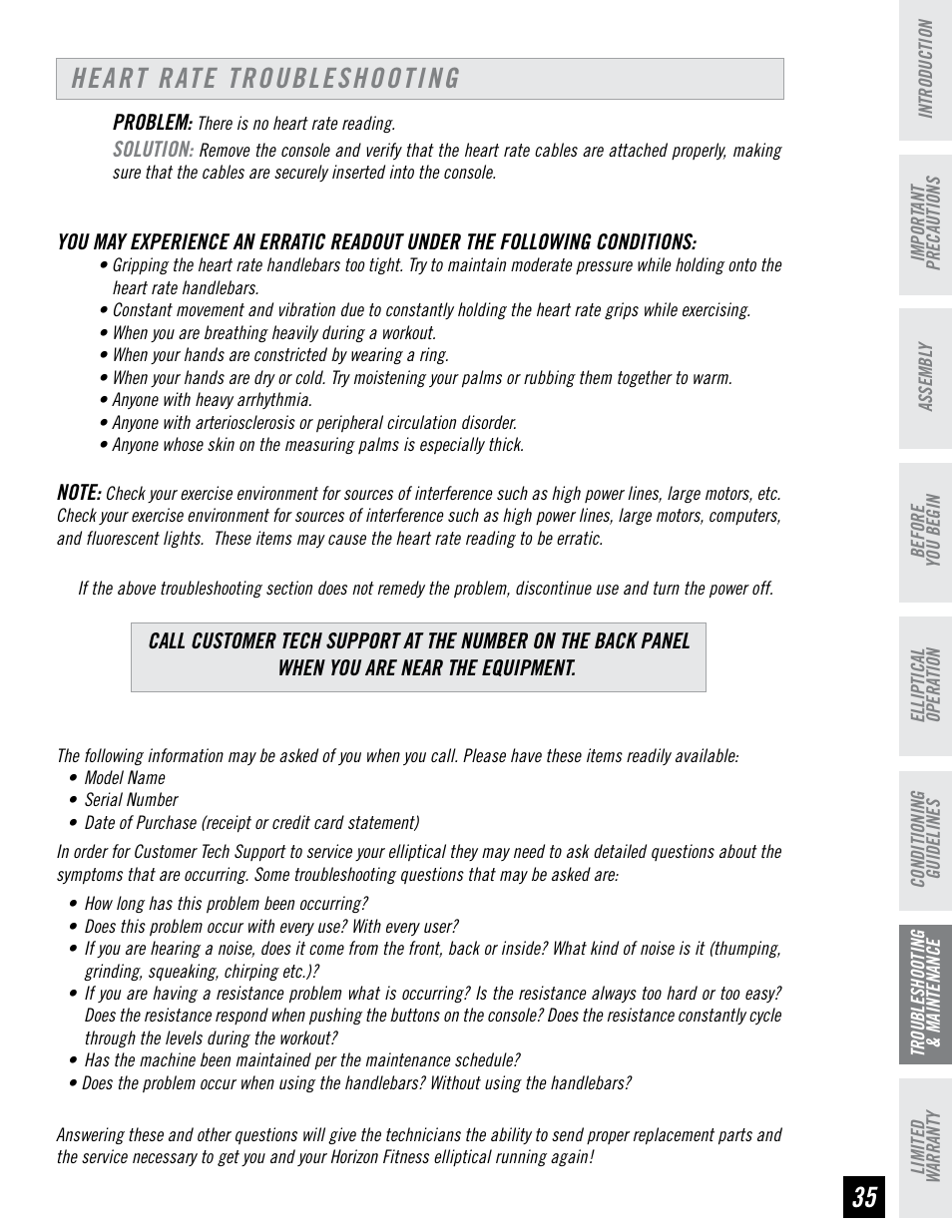 Heart rate troubleshooting | Horizon Fitness EX-55 User Manual | Page 35 / 40