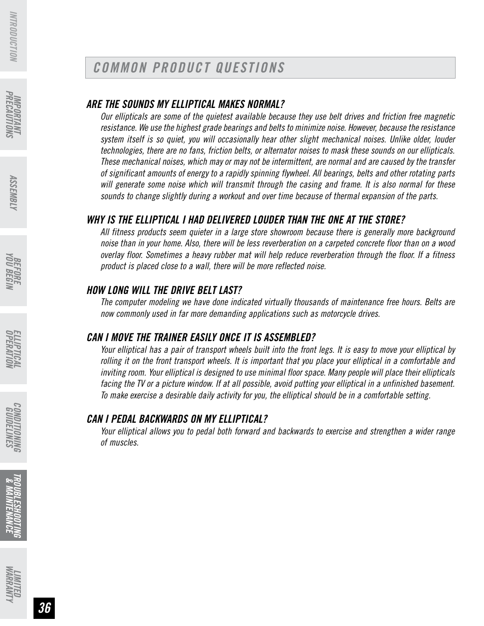 Common product questions | Horizon Fitness EX-55 User Manual | Page 36 / 40