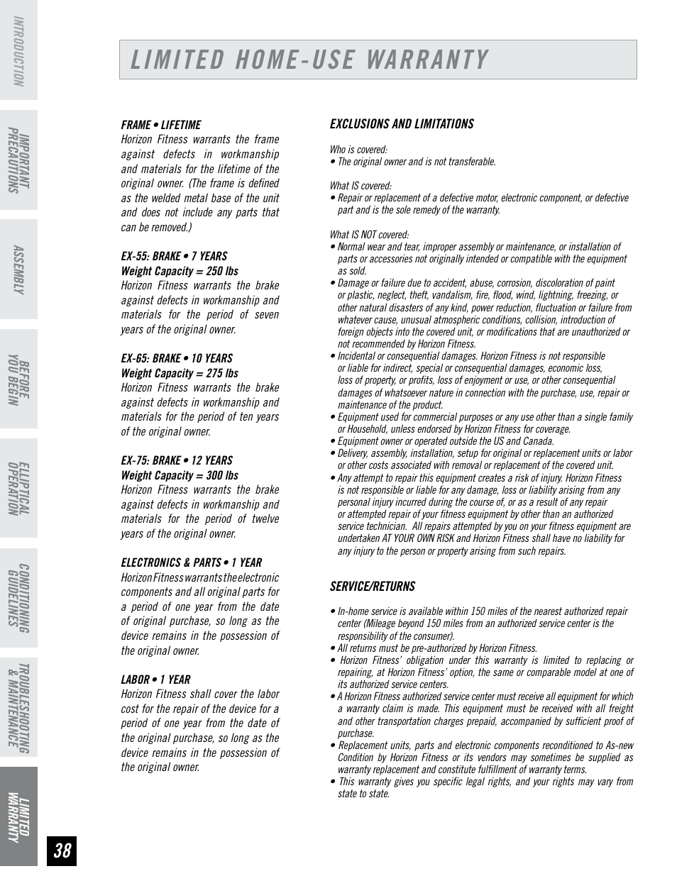 Limited home-use warranty | Horizon Fitness EX-55 User Manual | Page 38 / 40