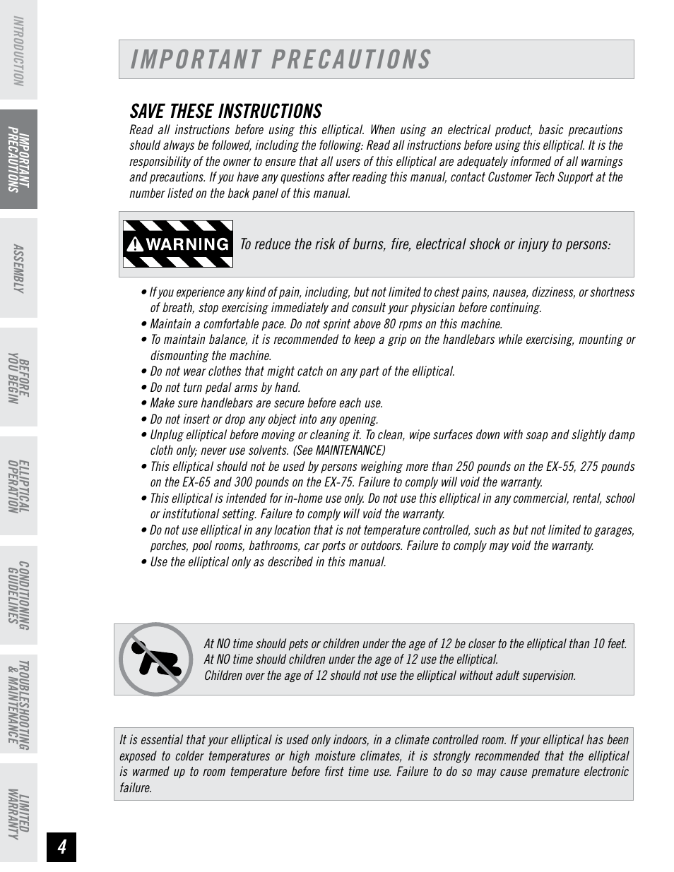 Important precautions, Save these instructions | Horizon Fitness EX-55 User Manual | Page 4 / 40