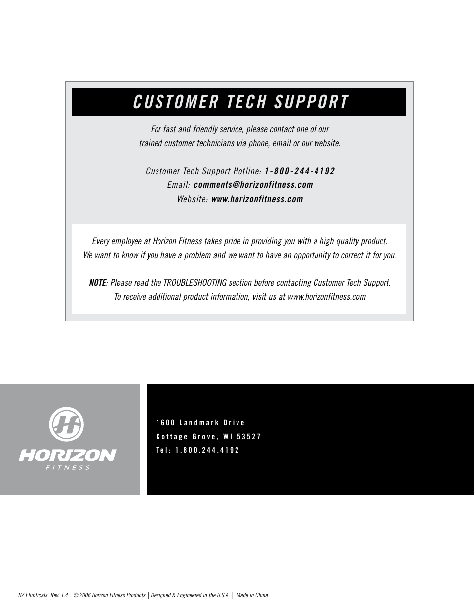 Customer tech support | Horizon Fitness EX-55 User Manual | Page 40 / 40