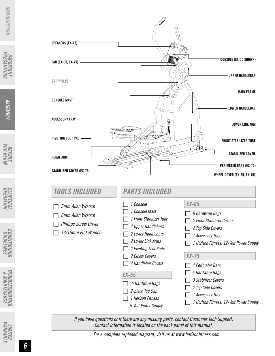 Tools included parts included, Ex-65, Ex-75 : ex-55 | Horizon Fitness EX-55 User Manual | Page 6 / 40