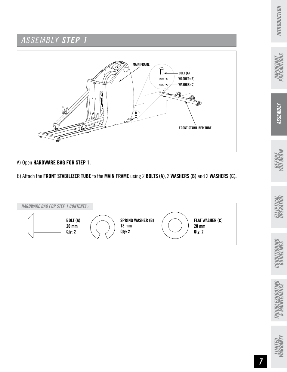 Assembly step 1 | Horizon Fitness EX-55 User Manual | Page 7 / 40