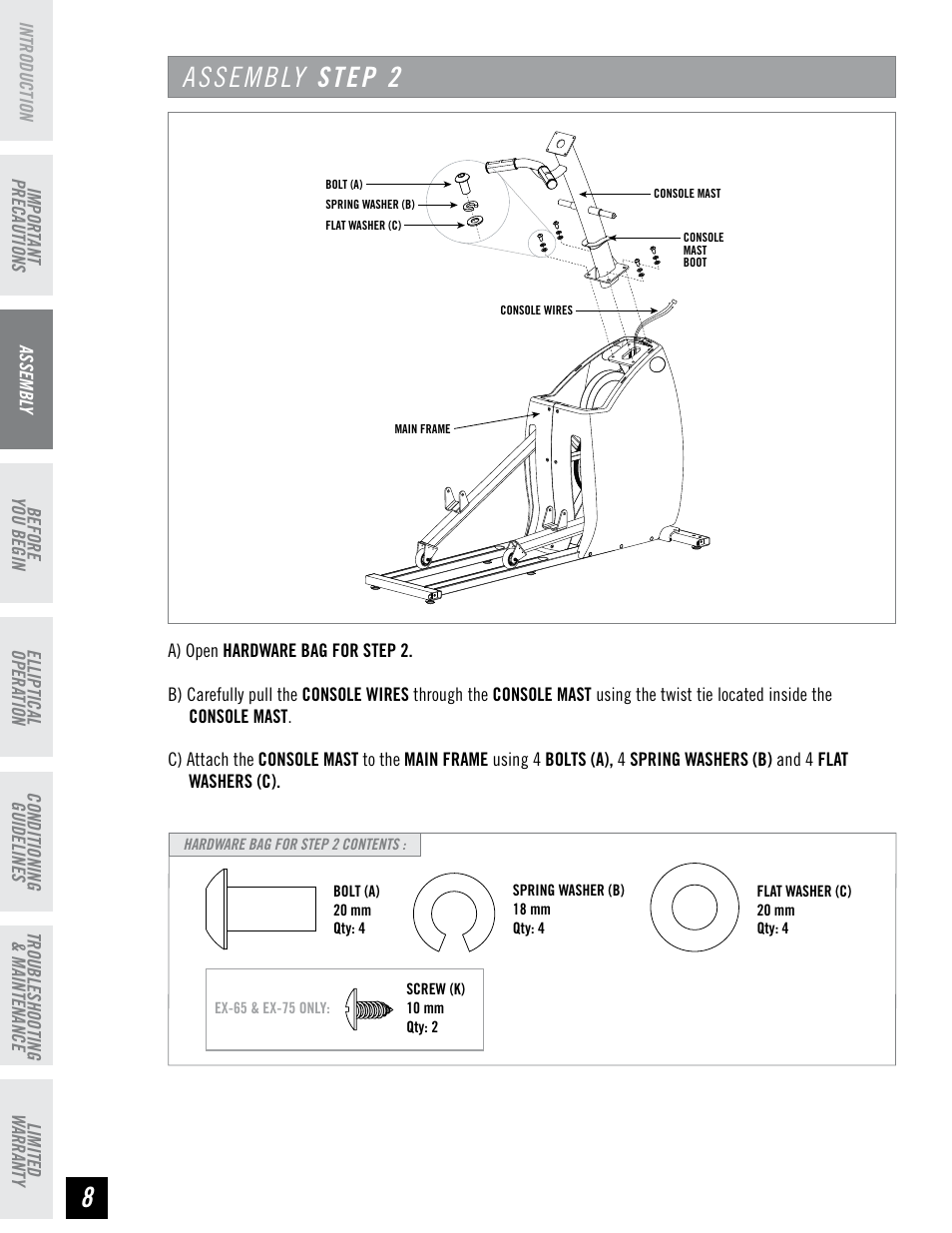 Assembly step 2 | Horizon Fitness EX-55 User Manual | Page 8 / 40