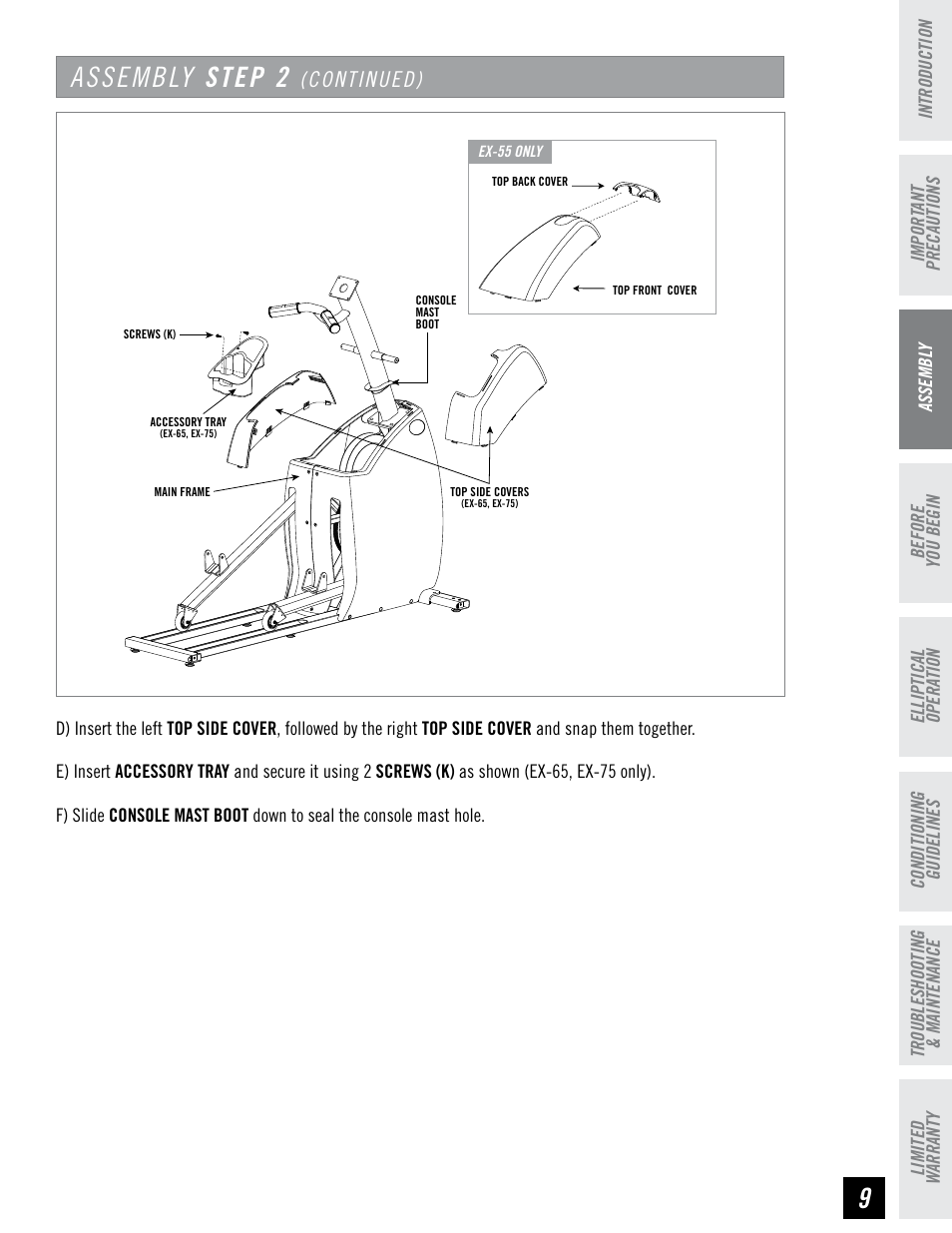 Assembly step 2, Continued) | Horizon Fitness EX-55 User Manual | Page 9 / 40