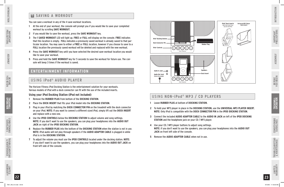 Saving a workout entertainment information, Using ipod, Audio player | Using non-ipod, Mp / cd players | Horizon Fitness T901 User Manual | Page 12 / 17