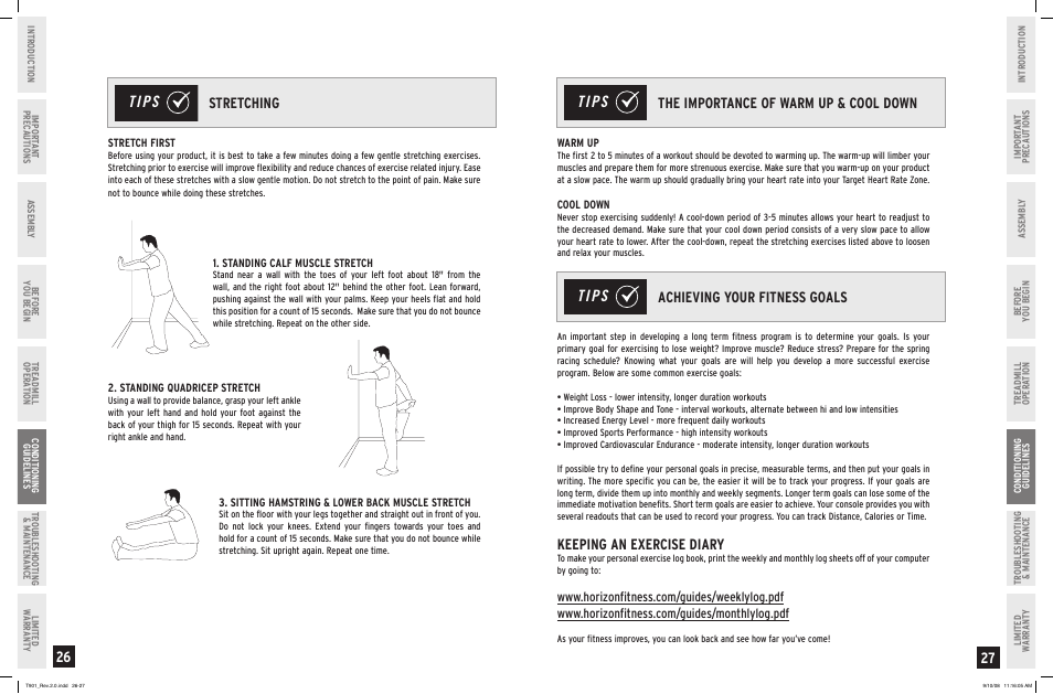 Tips, Stretching, Keeping an exercise diary | Horizon Fitness T901 User Manual | Page 14 / 17