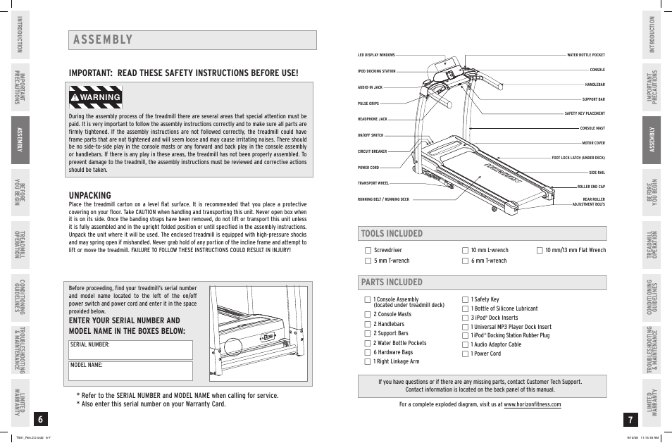 Assembly, Unpacking, Tools included parts included | Warning | Horizon Fitness T901 User Manual | Page 4 / 17