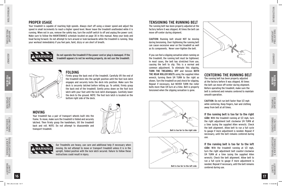 Proper usage, Folding, Moving | Centering the running belt, Tensioning the running belt, Warning | Horizon Fitness T901 User Manual | Page 9 / 17