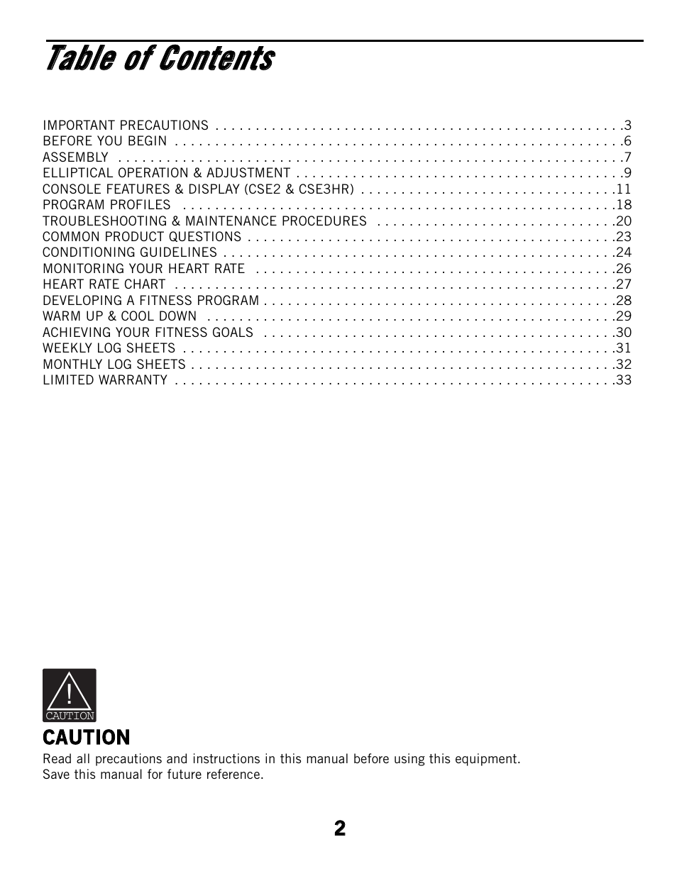 Ttaabbllee ooff c coonntteennttss | Horizon Fitness CSE2 User Manual | Page 2 / 34