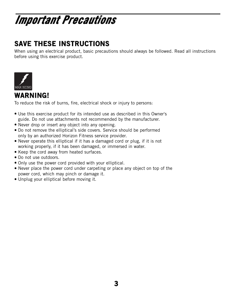 Iim mppoorrttaanntt p prreeccaauuttiioonnss, Tips | Horizon Fitness CSE2 User Manual | Page 3 / 34