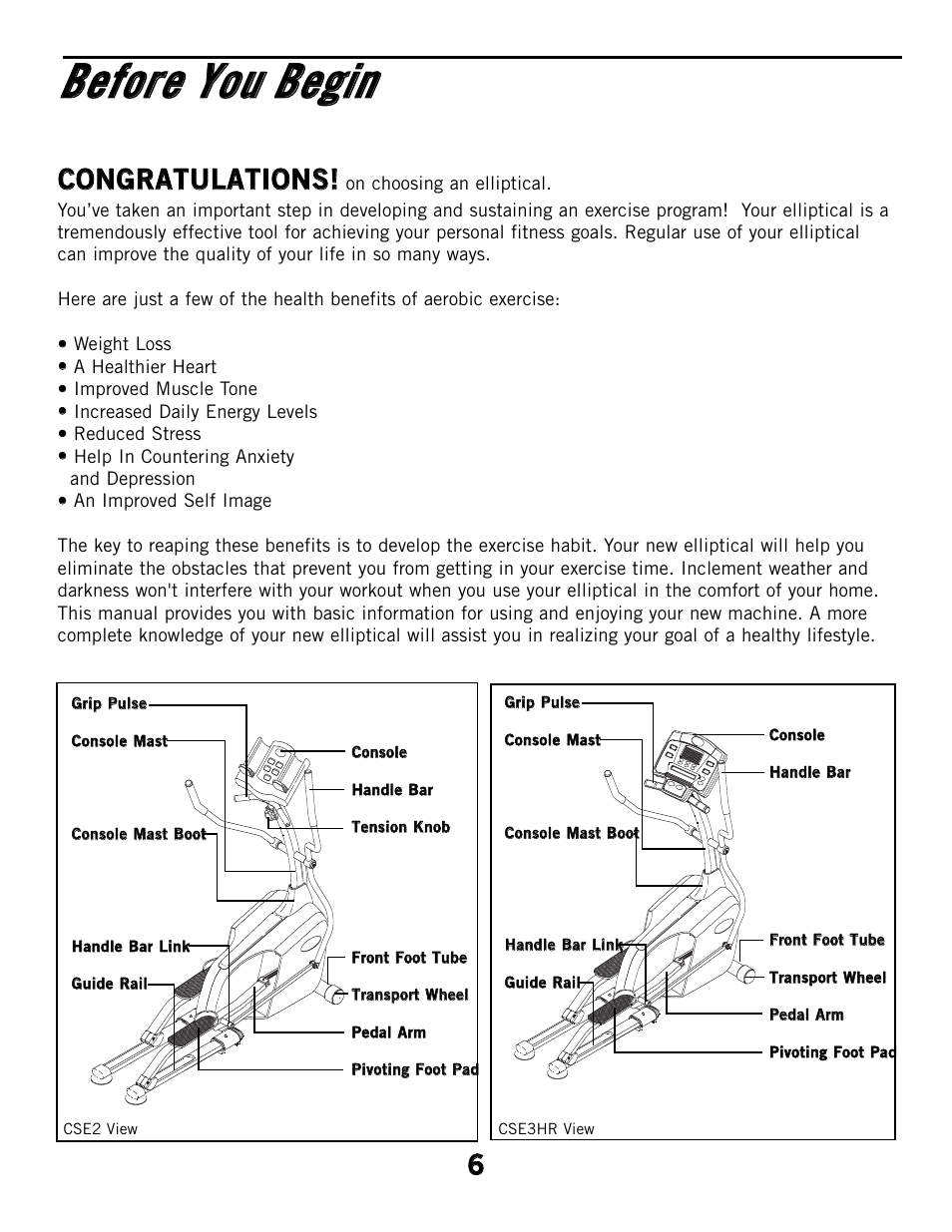 Bbeeffoorree yyoouu b beeggiinn, 6c co on ng gr ra at tu ul la at tiio on ns s | Horizon Fitness CSE2 User Manual | Page 6 / 34