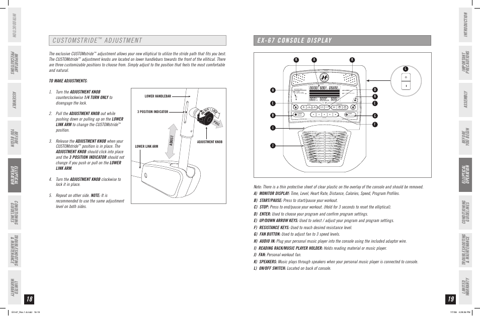 Ex-67 console display, Customstride, Adjustment | Before you begin | Horizon Fitness EX-67 User Manual | Page 10 / 19