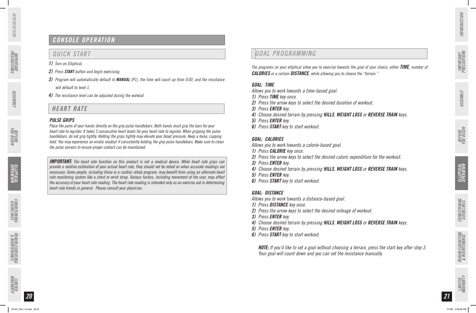 Console operation, Quick start, Heart rate | Goal programming | Horizon Fitness EX-67 User Manual | Page 11 / 19