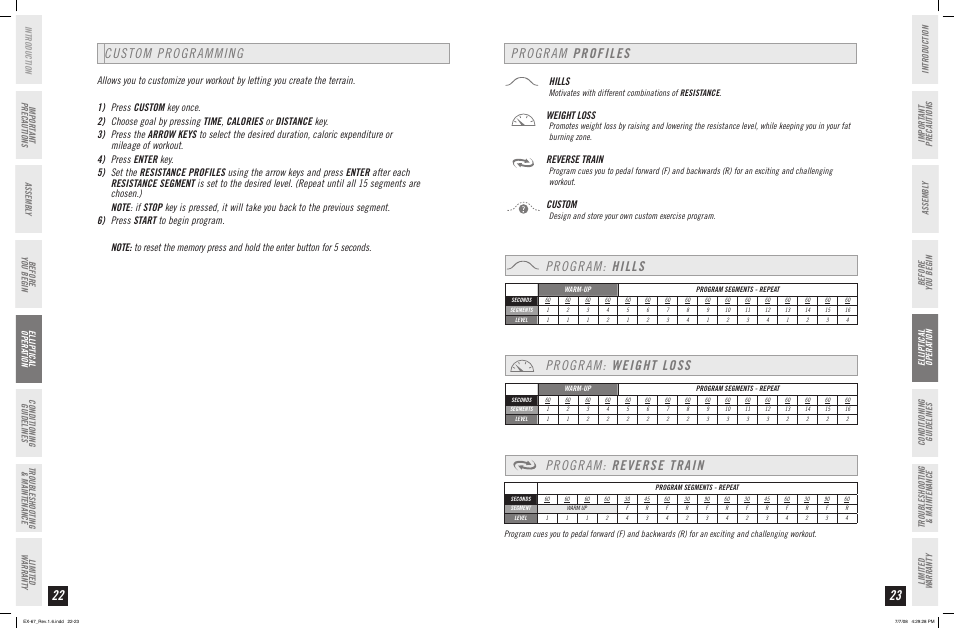 Program profiles, Program: hills, Program: reverse train | Custom programming program: weight loss, Hills, Weight loss, Reverse train, Custom, Before you begin, Design and store your own custom exercise program | Horizon Fitness EX-67 User Manual | Page 12 / 19