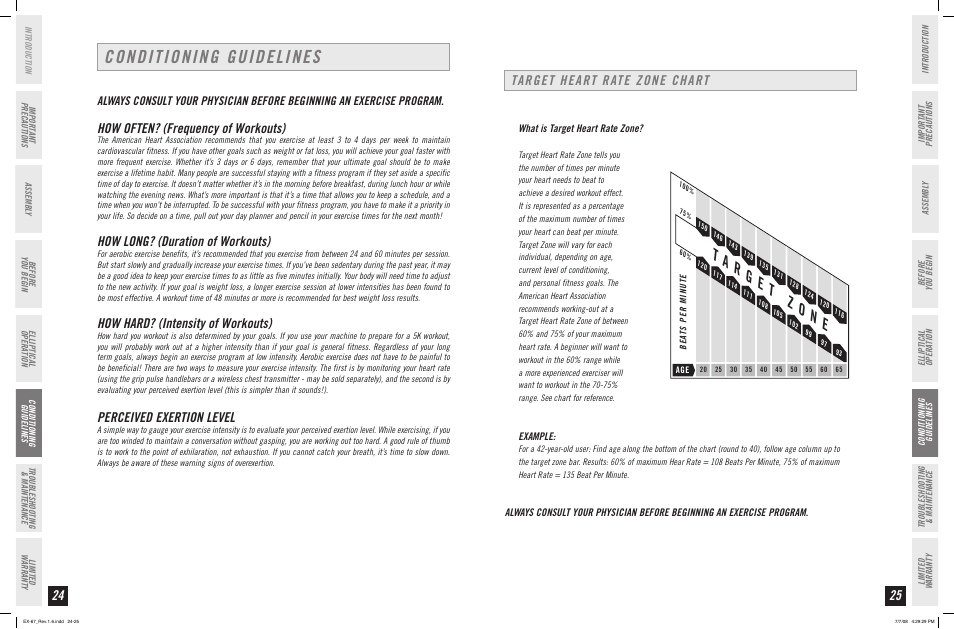 Conditioning guidelines, How often? (frequency of workouts), How long? (duration of workouts) | How hard? (intensity of workouts), Perceived exertion level, Target heart rate zone chart | Horizon Fitness EX-67 User Manual | Page 13 / 19