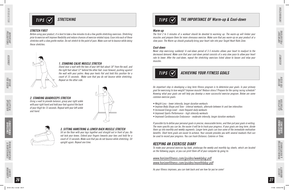 Tips, Stretching, Keeping an exercise diary | Horizon Fitness EX-67 User Manual | Page 14 / 19