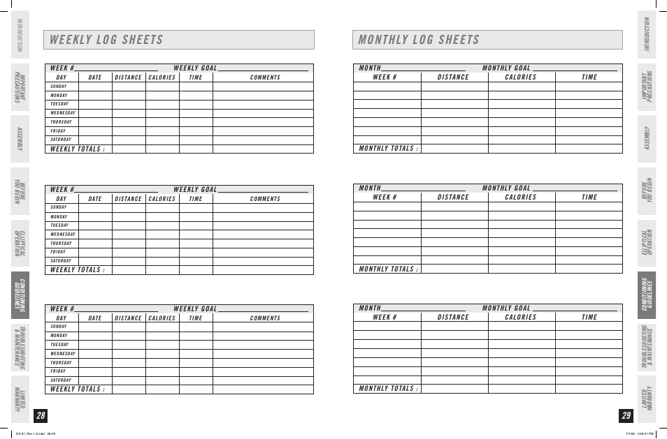 Weekly log sheets, Monthly log sheets | Horizon Fitness EX-67 User Manual | Page 15 / 19