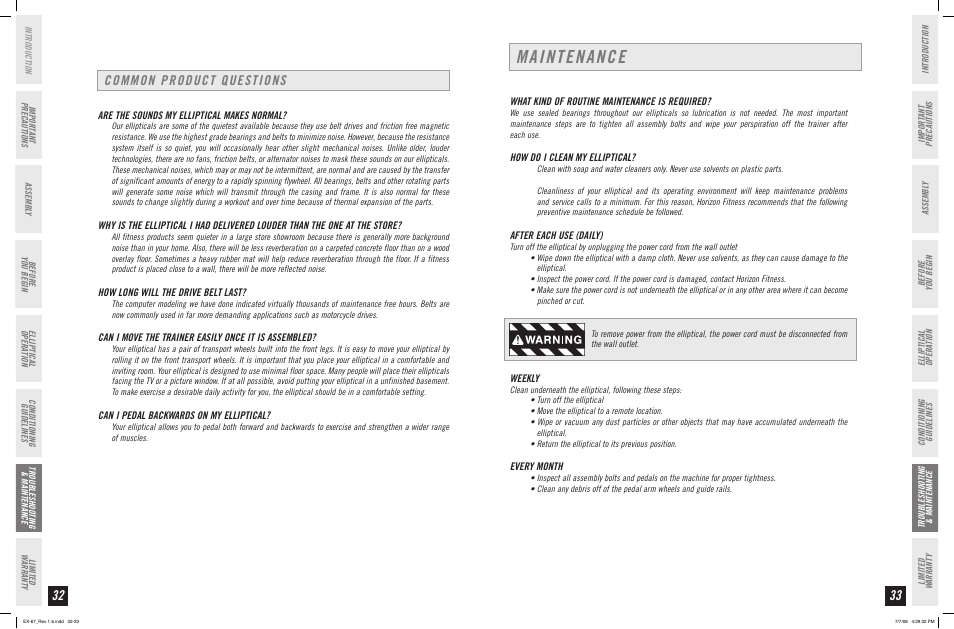 Maintenance, Common product questions | Horizon Fitness EX-67 User Manual | Page 17 / 19