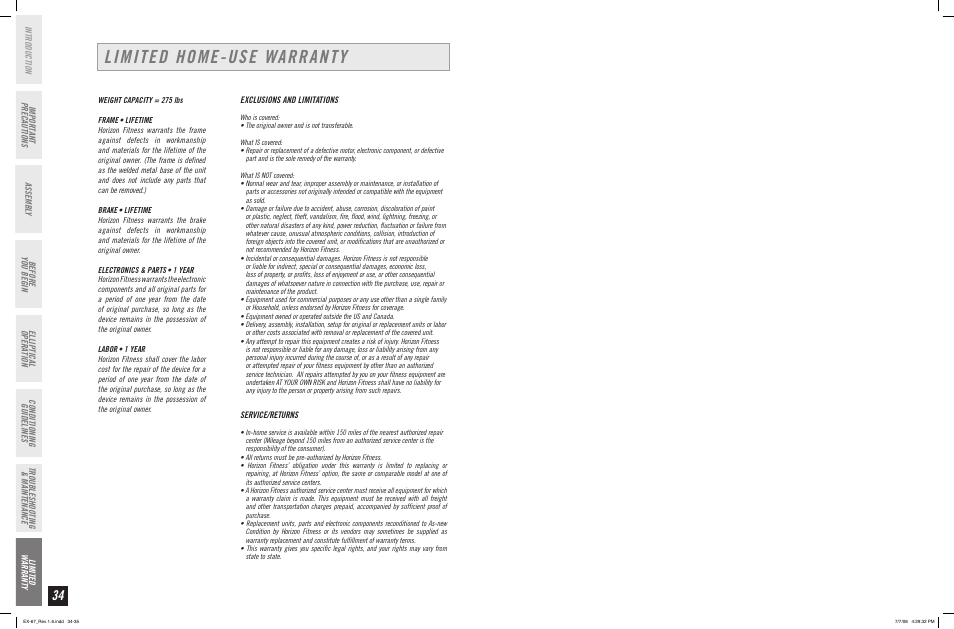 Limited home-use warranty | Horizon Fitness EX-67 User Manual | Page 18 / 19