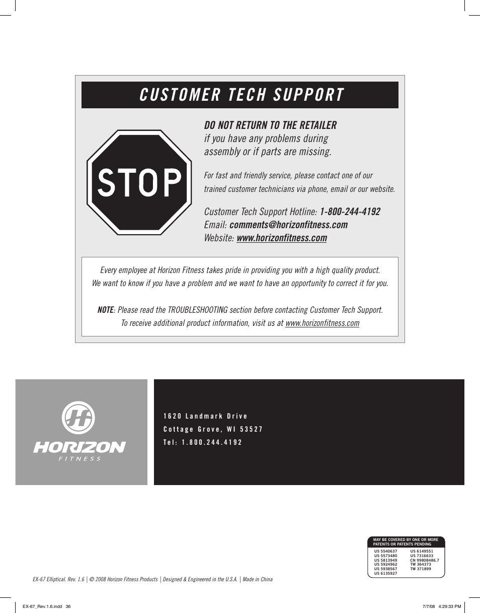 Customer tech support | Horizon Fitness EX-67 User Manual | Page 19 / 19