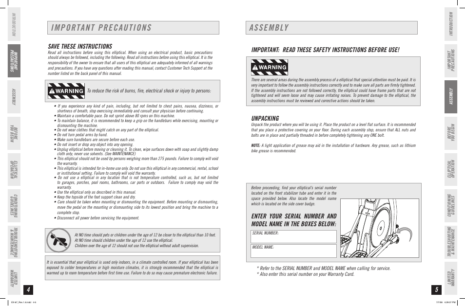 Assembly, Important precautions, Unpacking | Save these instructions | Horizon Fitness EX-67 User Manual | Page 3 / 19