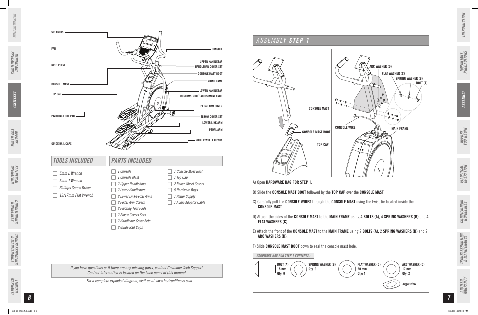 Assembly step 1, Tools included parts included | Horizon Fitness EX-67 User Manual | Page 4 / 19