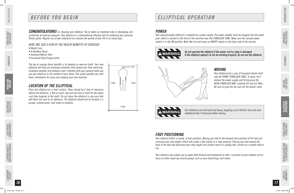 Before you begin, Elliptical operation, Location of the elliptical | Power, Moving, Foot positioning | Horizon Fitness EX-67 User Manual | Page 9 / 19