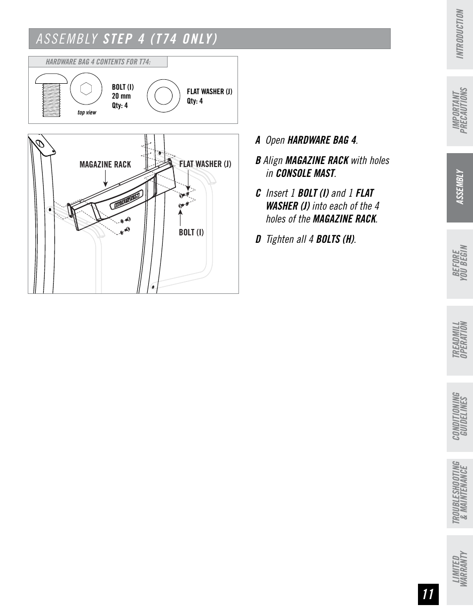 Assembly step 4 (t74 only) | Horizon Fitness T74 User Manual | Page 11 / 36