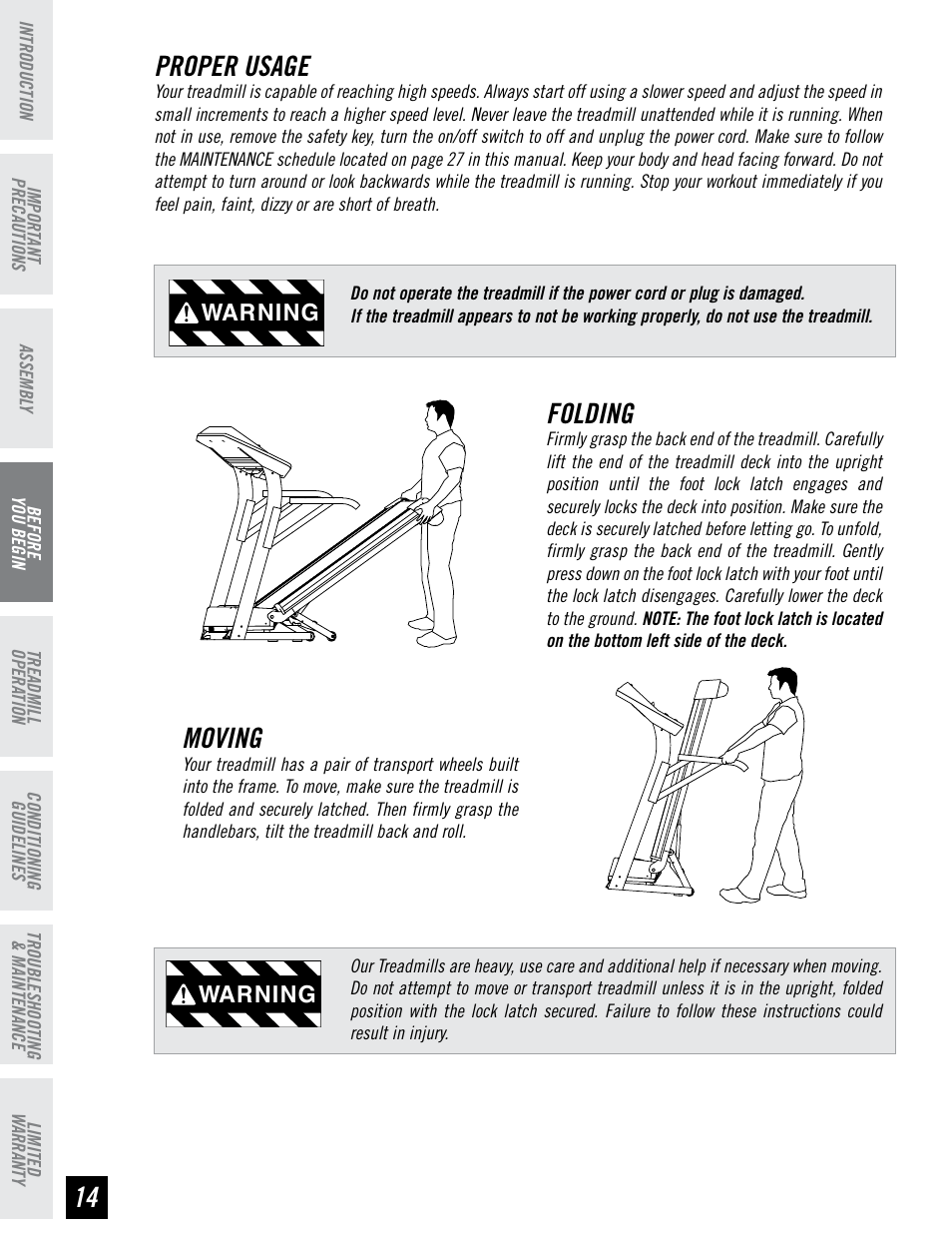 Proper usage, Folding, Moving | Warning | Horizon Fitness T74 User Manual | Page 14 / 36