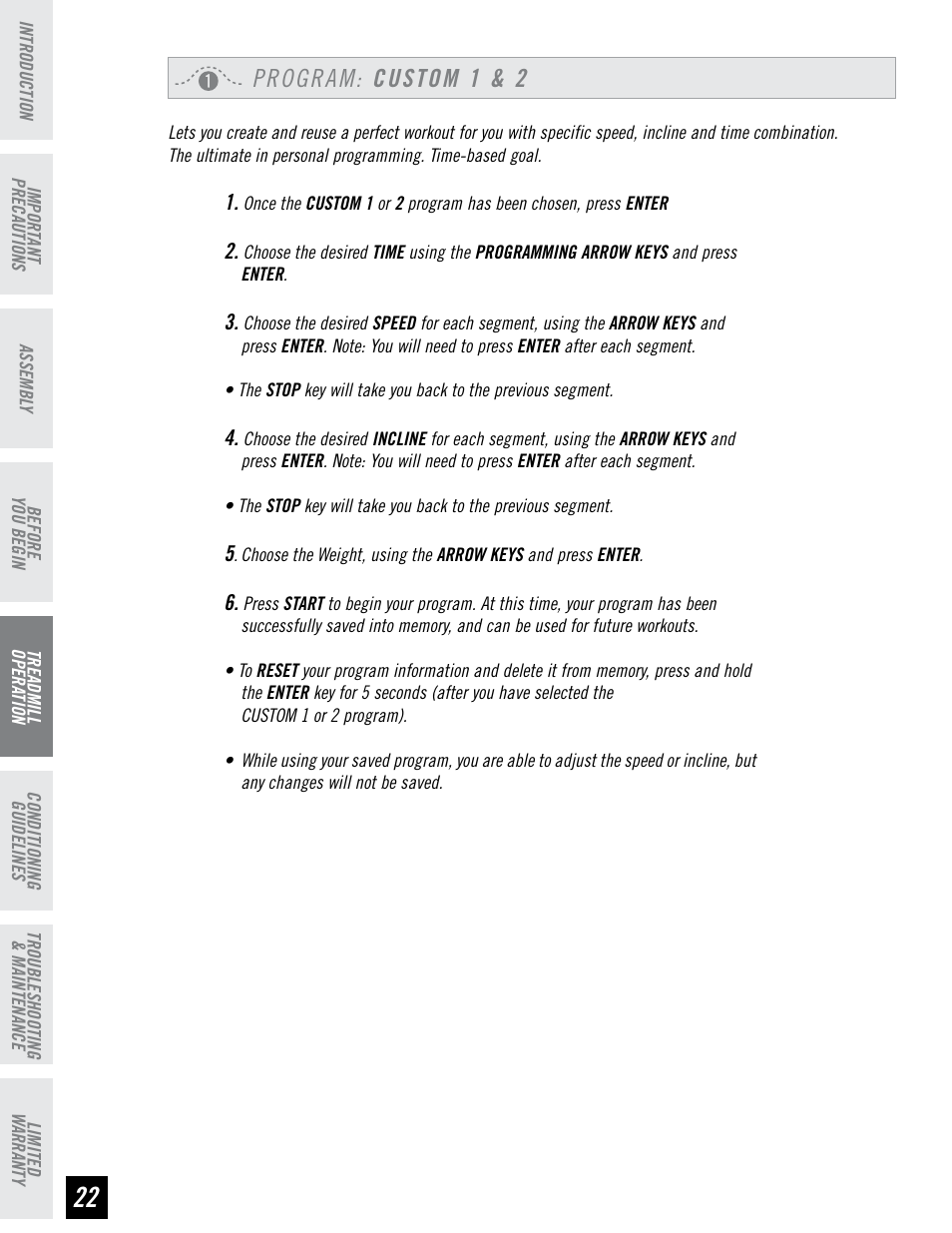 Program: custom 1 & 2 | Horizon Fitness T74 User Manual | Page 22 / 36