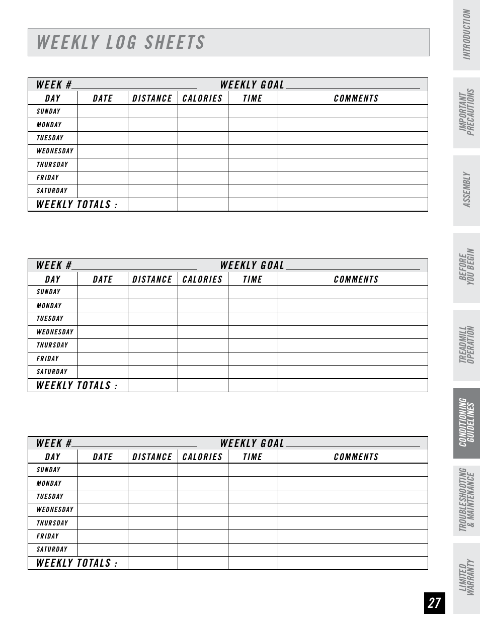 Weekly log sheets | Horizon Fitness T74 User Manual | Page 27 / 36