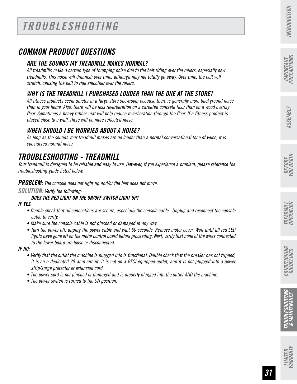 Troubleshooting, Common product questions, Troubleshooting - treadmill | Horizon Fitness T74 User Manual | Page 31 / 36