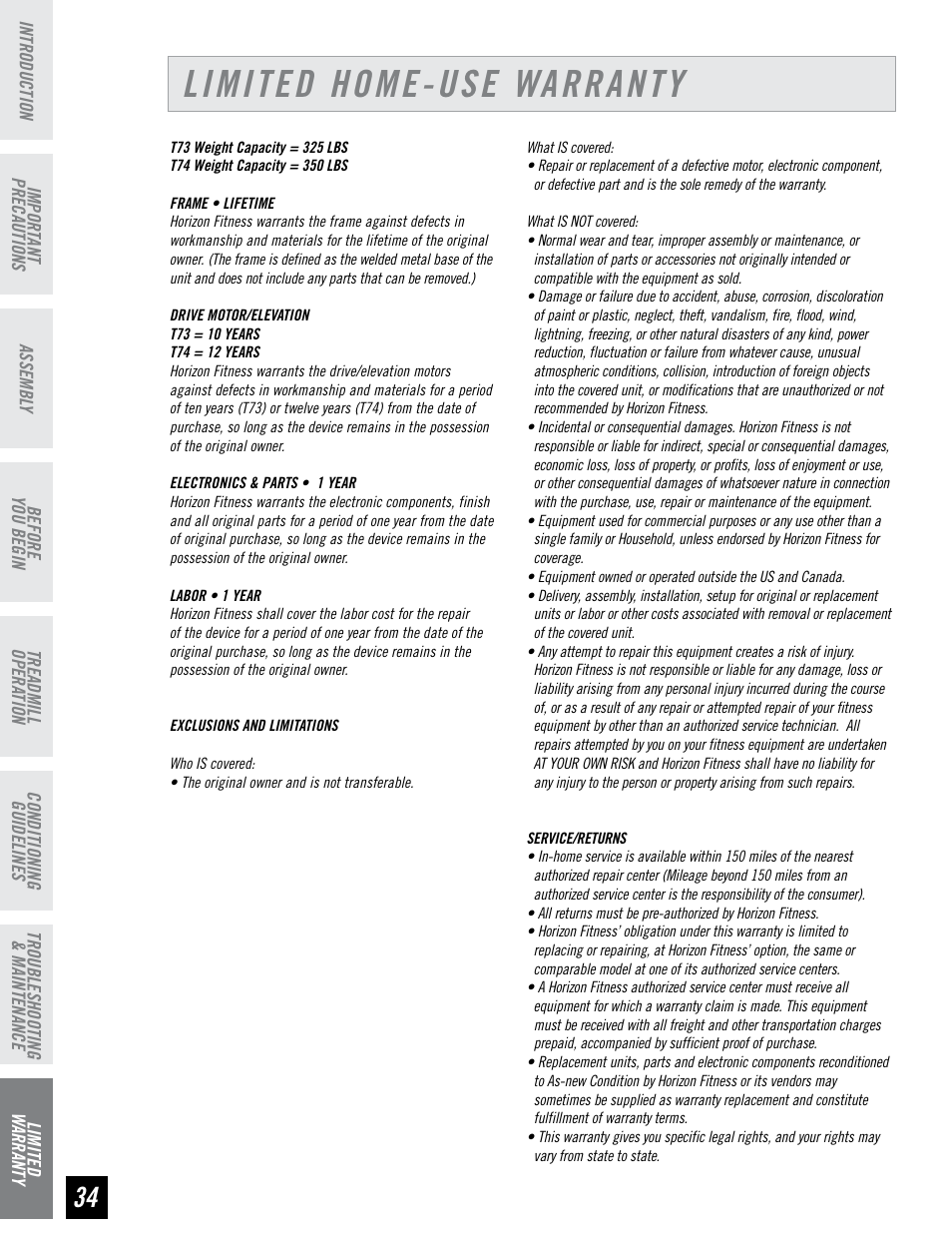 Limited home-use warranty | Horizon Fitness T74 User Manual | Page 34 / 36