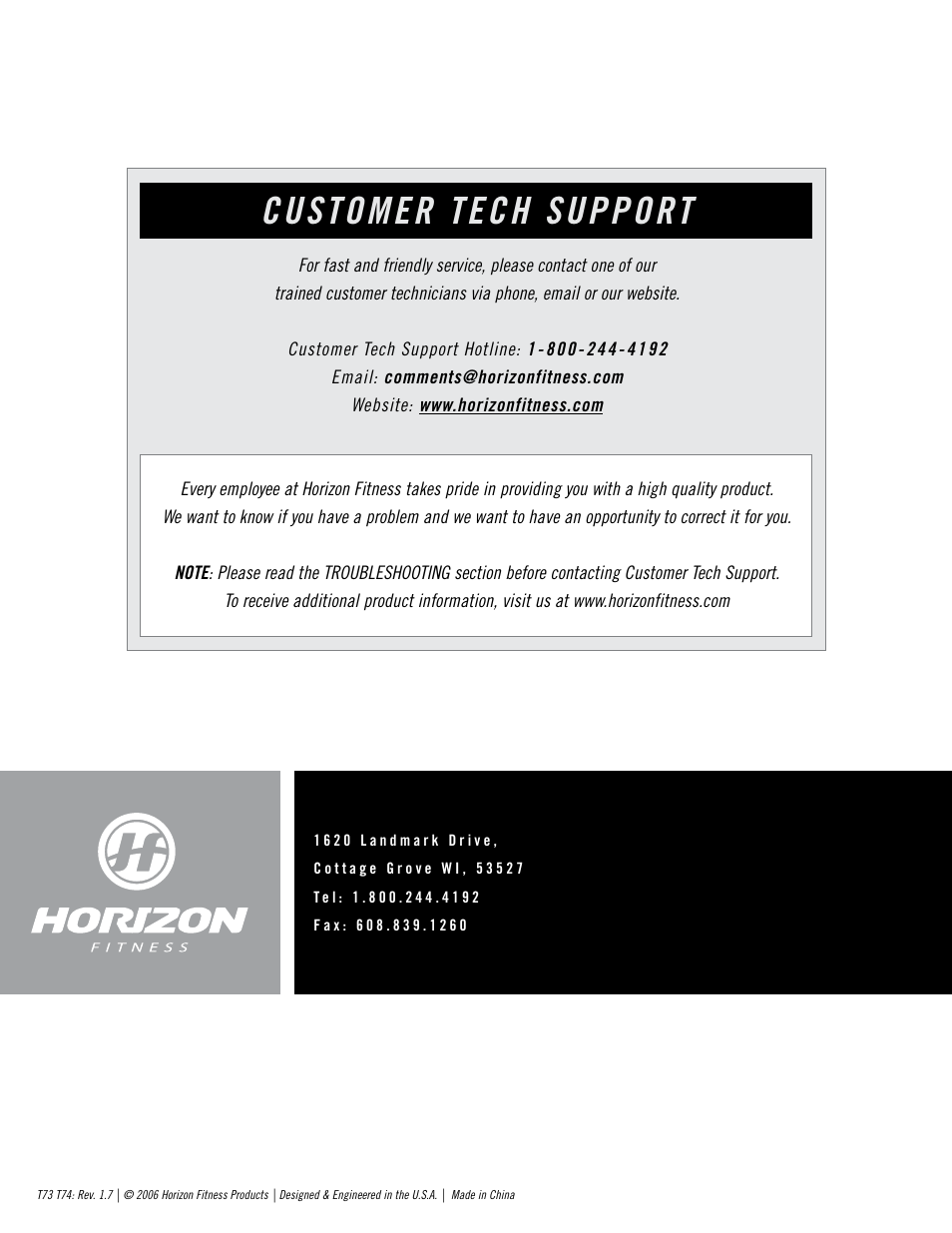 Customer tech support | Horizon Fitness T74 User Manual | Page 36 / 36